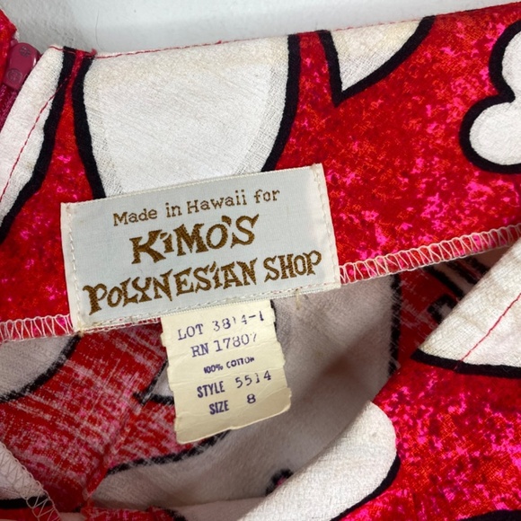 VTG Kimos Polynesian Shop Maxi Dress 8 Red Floral Flutter Sleeve Hawaiian Made - Picture 9 of 14